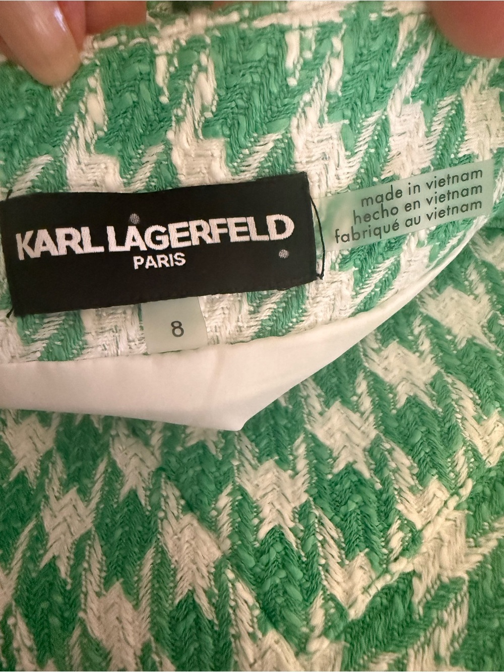 Karl Lagerfeld Paris Green & White Houndstooth Skirt Silver Crest Buttons Size 8 - Picture 7 of 11